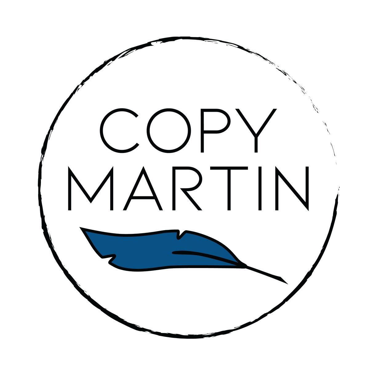 Circular logo for Copy Martin, LLC featuring the company name written in all capital letters and underlined by a purple feather