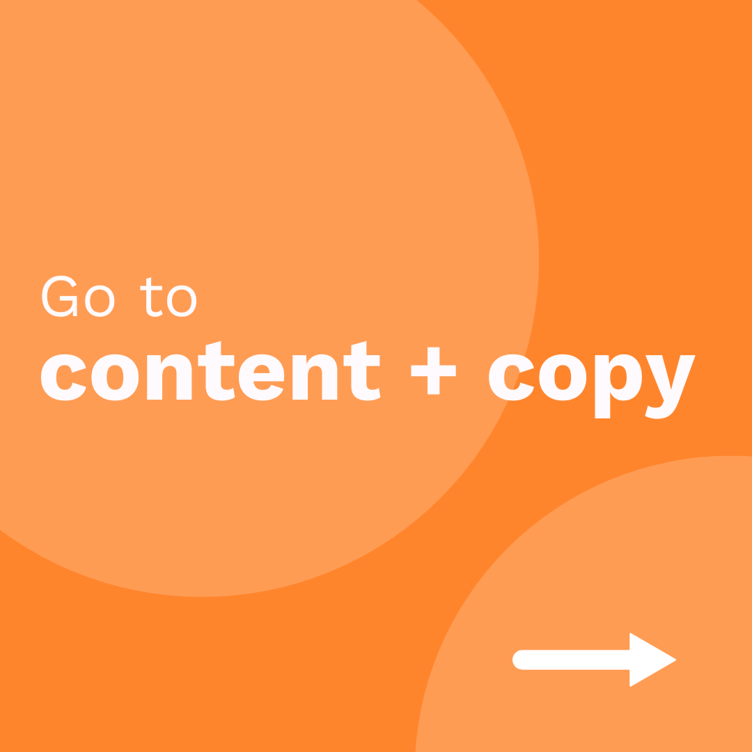Bright orange background with the text 'Go to content + copy' in large white typography, accompanied by a white arrow pointing right. This clickable element directs visitors to the freelance content and copywriting services section of copy martin.com