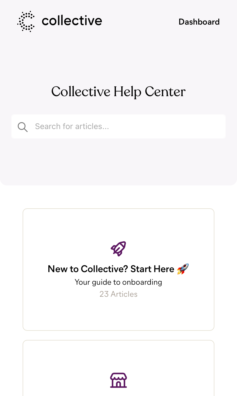 View of the Collective Help Center, a knowledge base with articles covering all of the main topic areas that Collective members tend to need help with
