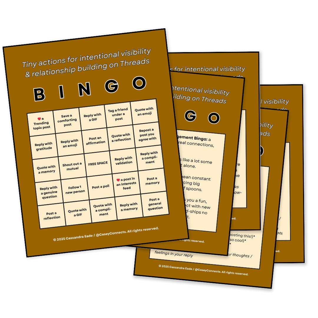 a mockup of the five page pdf "threads engagement bingo"