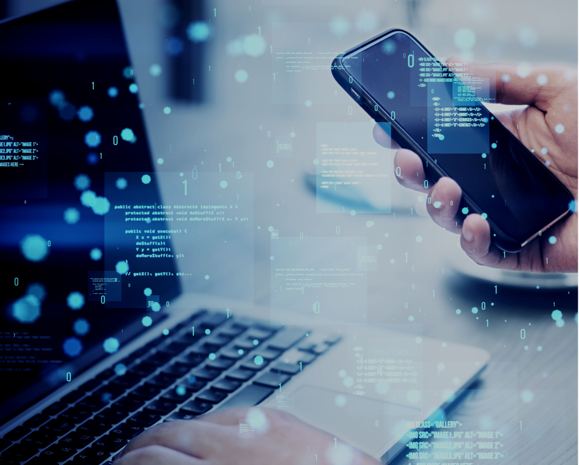 Hand holding a smartphone in front of a laptop, with translucent coding symbols representing software development