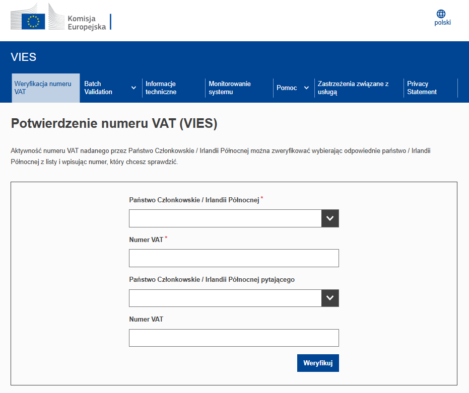 Ekran 1. Widok oficjalnej strony systemu VIES do potwierdzania numeru VAT.