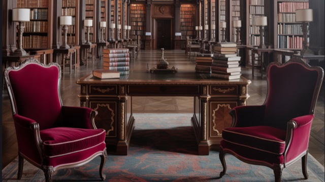 Klasyczna biblioteka publiczna w masą drewnianych półek