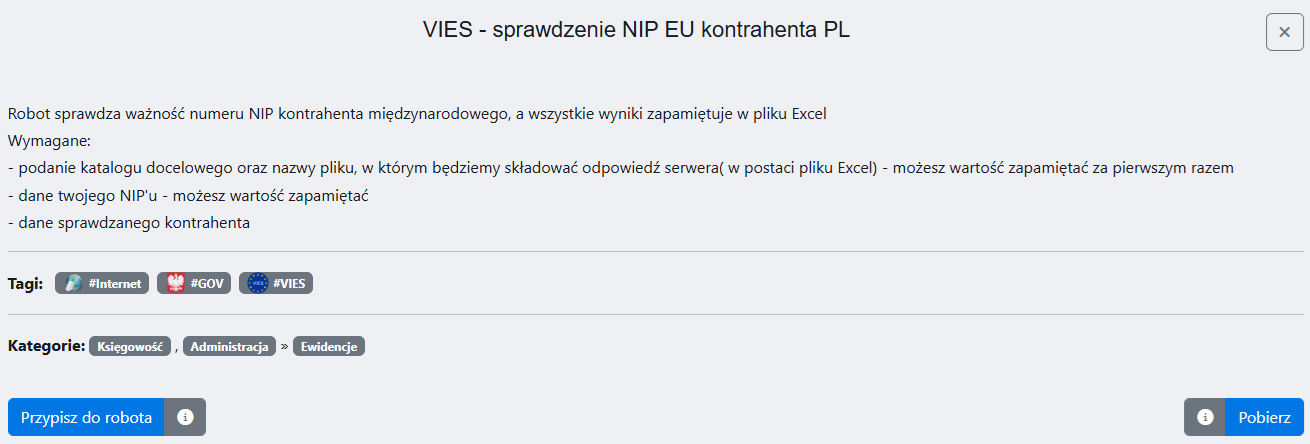 Ekran 3. Karta szczegółowa umiejętności Botie sprawdzania NIP kontrahenta EU przez VIES w BotBooku.