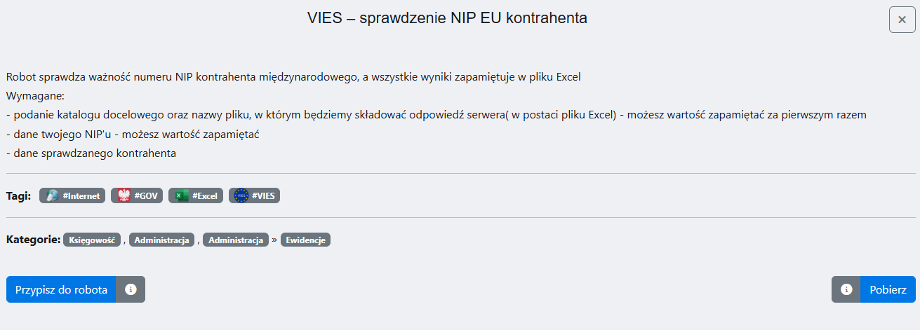Ekran 3. Karta szczegółowa umiejętności Botie sprawdzania NIP kontrahenta EU przez VIES w BotBooku.