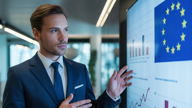 Profesjonalny doradca stoi przed telewizorem z prezentacją graficzną