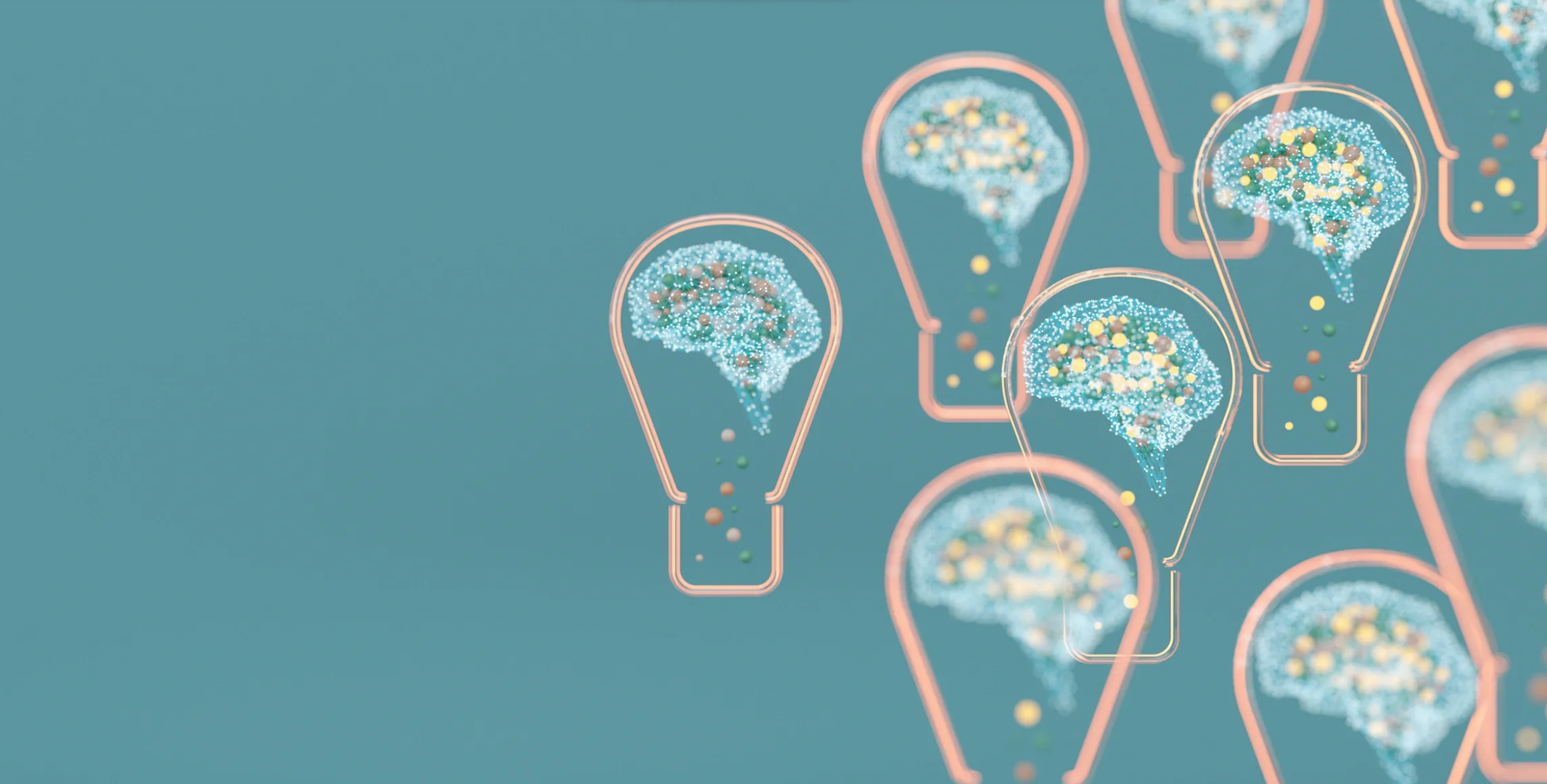 A number of lightbulbs with the image of a human brain inside representing thoughtful ideas