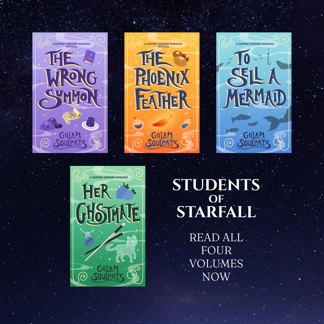 All four volumes of Students of Starfall on a starry sky background. Text reads: Students of Starfall, Read all four volumes now
