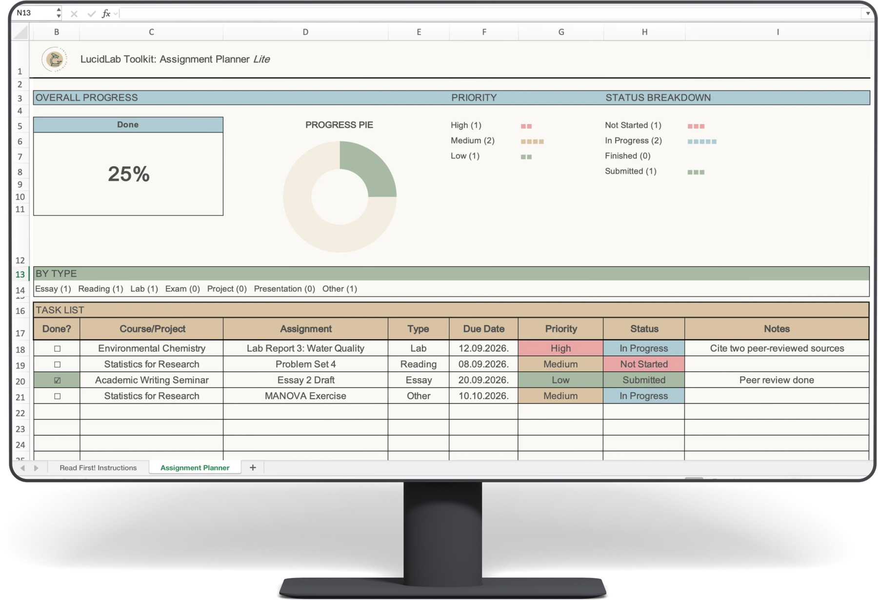 Assignment Planner Lite open on a monitor, showing the dashboard and the colour-coded task list