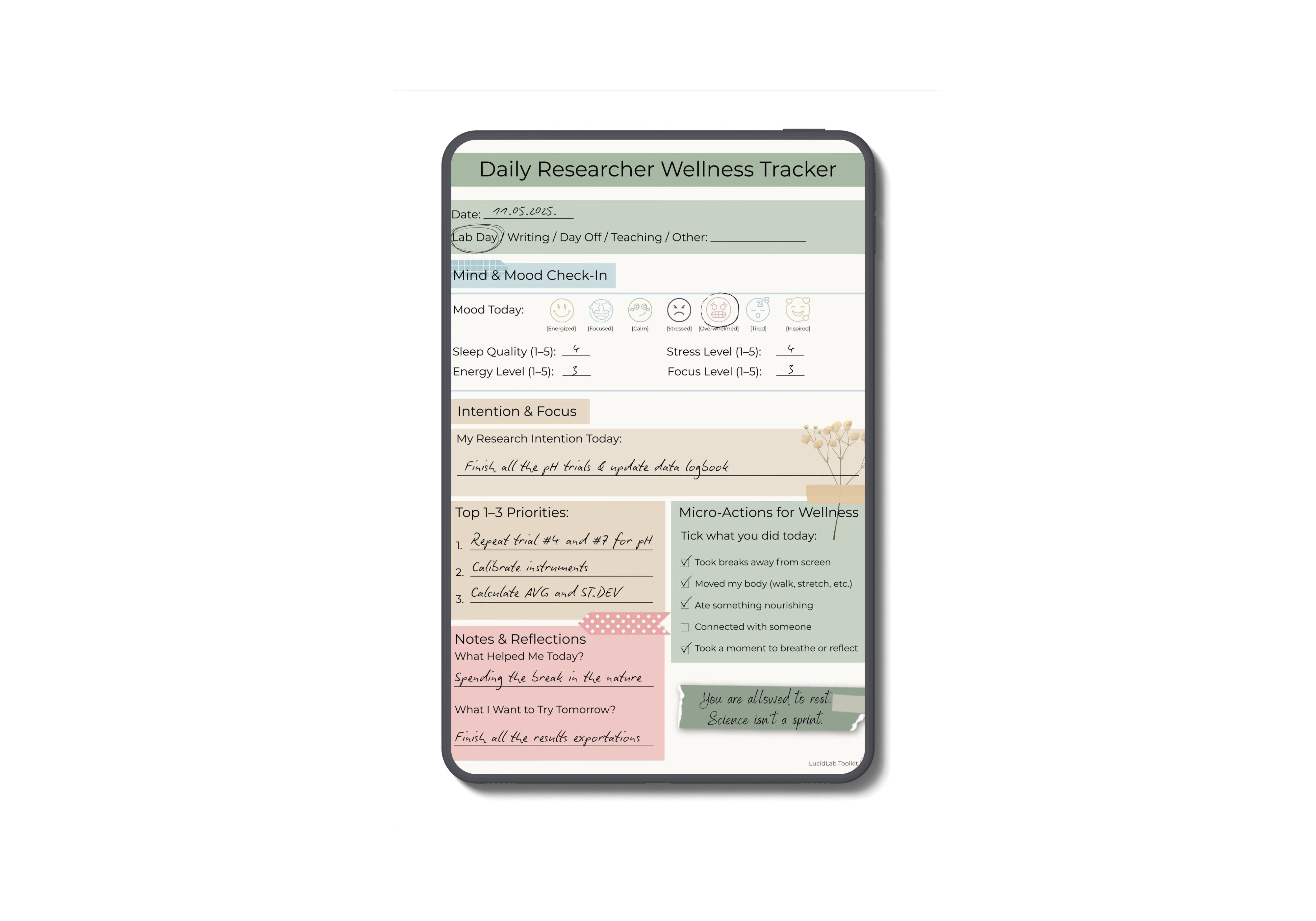 Daily Researcher Wellness Tracker shown filled in on a tablet