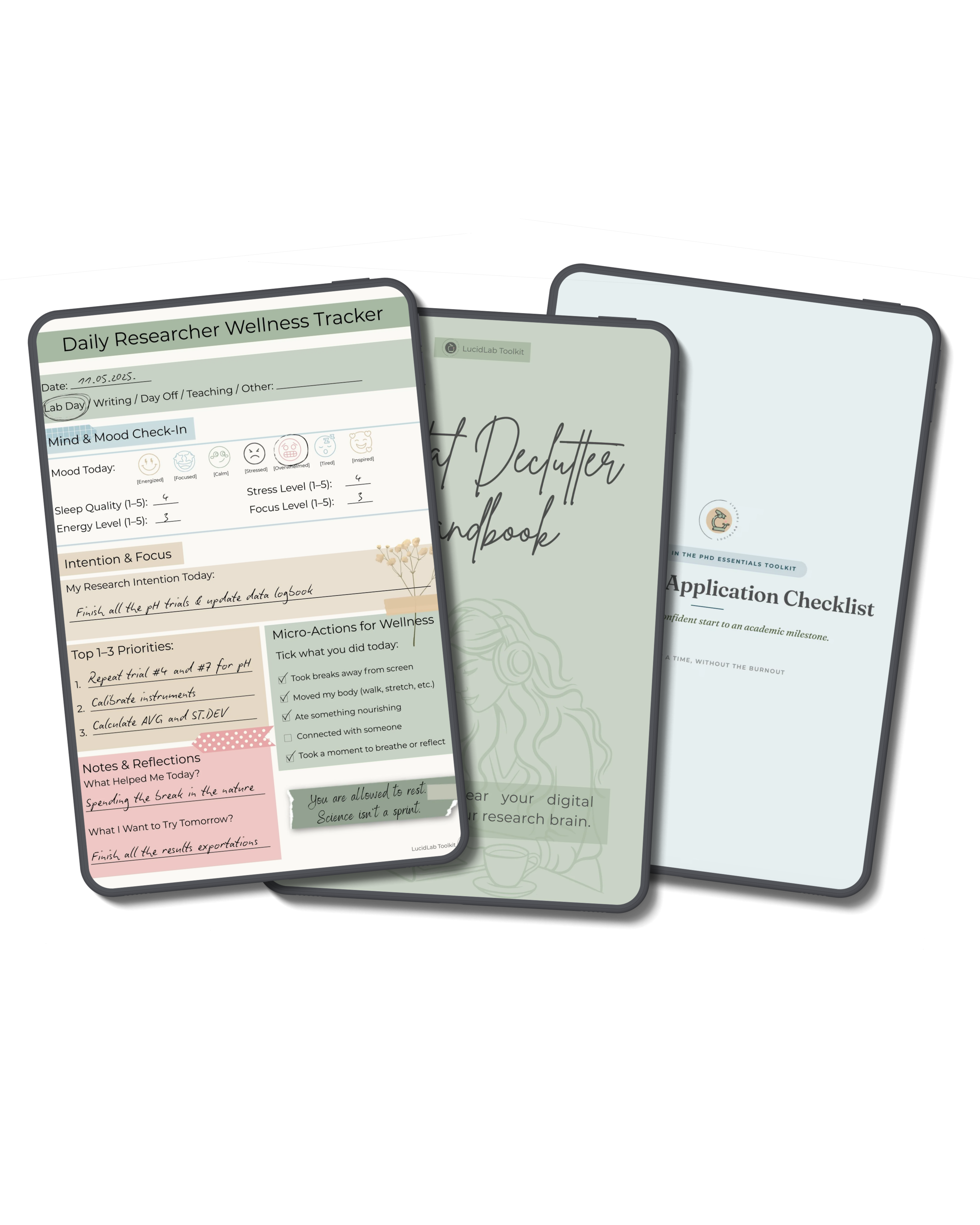 The three free LucidLab Toolkit files shown on tablets: the Daily Researcher Wellness Tracker, the Digital Declutter Handbook and the Simple PhD Application Checklist