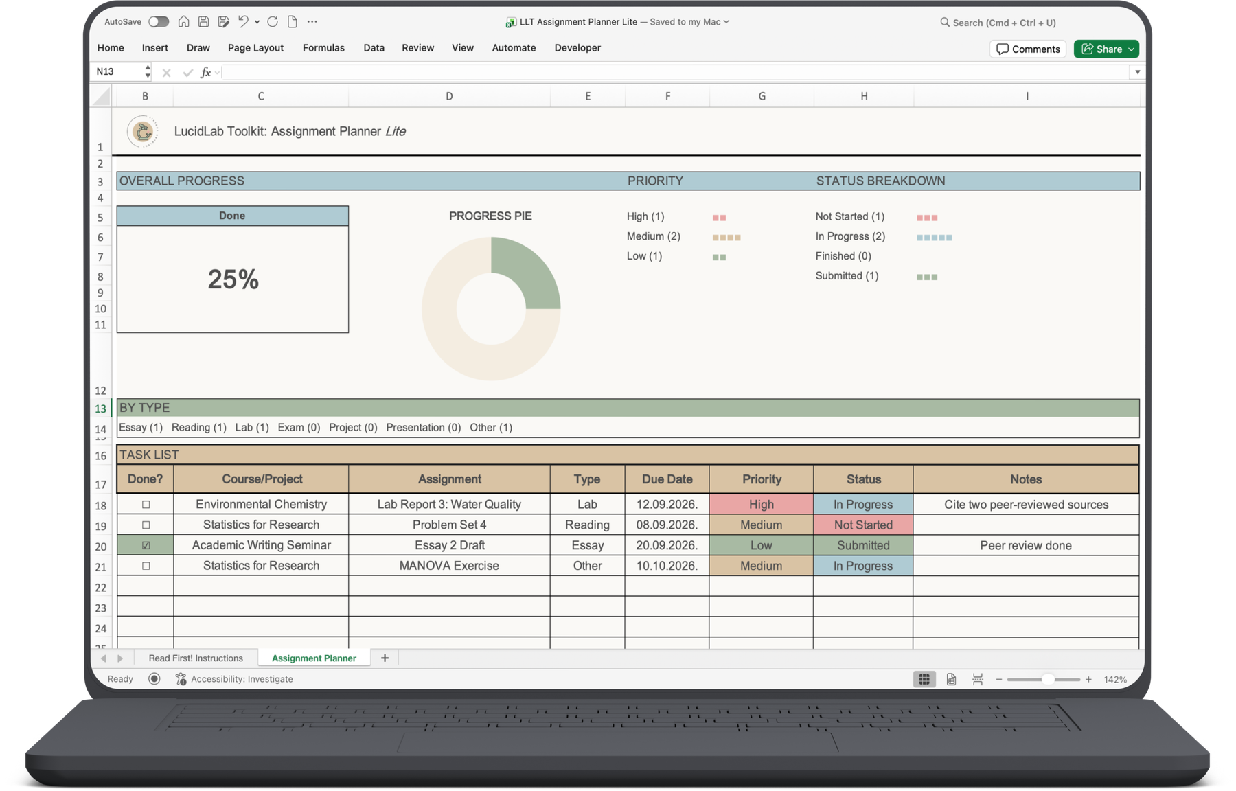 Assignment Planner Lite open on a laptop