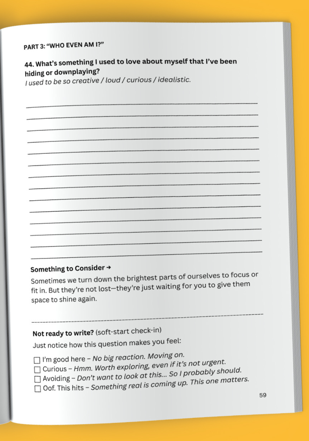 an interior page from This Wasn't in The Brochure. Question: What's something I used to love about myself that I've been hiding or downplaying?
