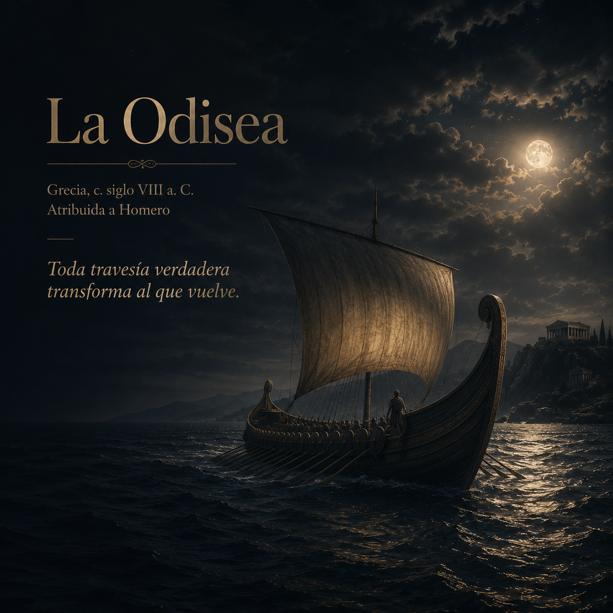 La Odisea, atribuida a Homero. Una nave griega atraviesa el mar durante la noche.