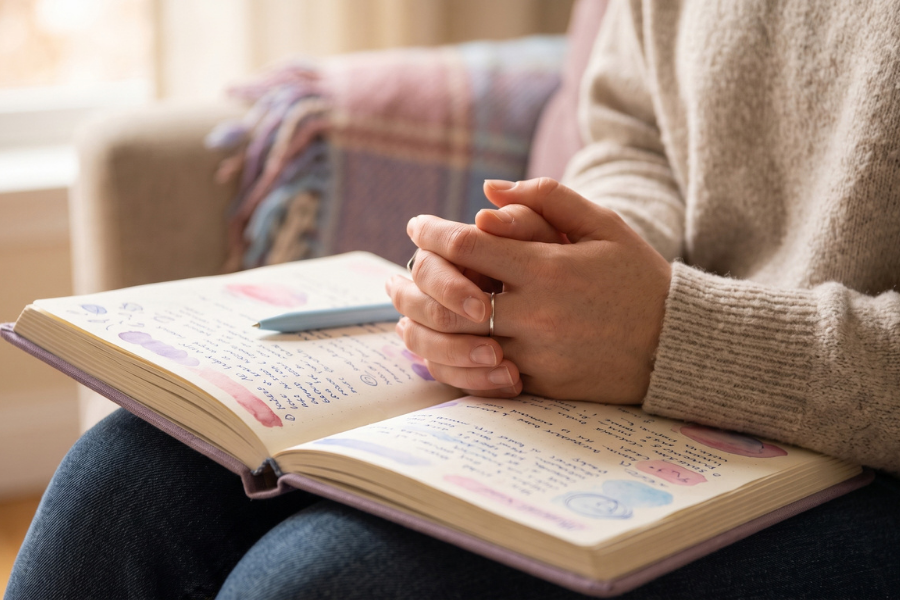 Close-up of hands resting in a lap, warm and intimate