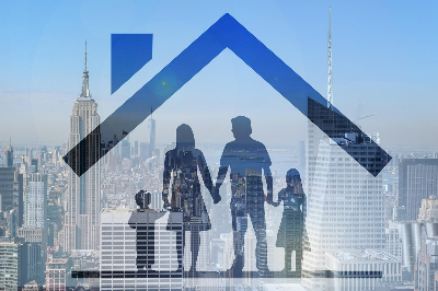 Silhouette of a family protected under a roof icon, symbolizing home security and safety in an urban environment