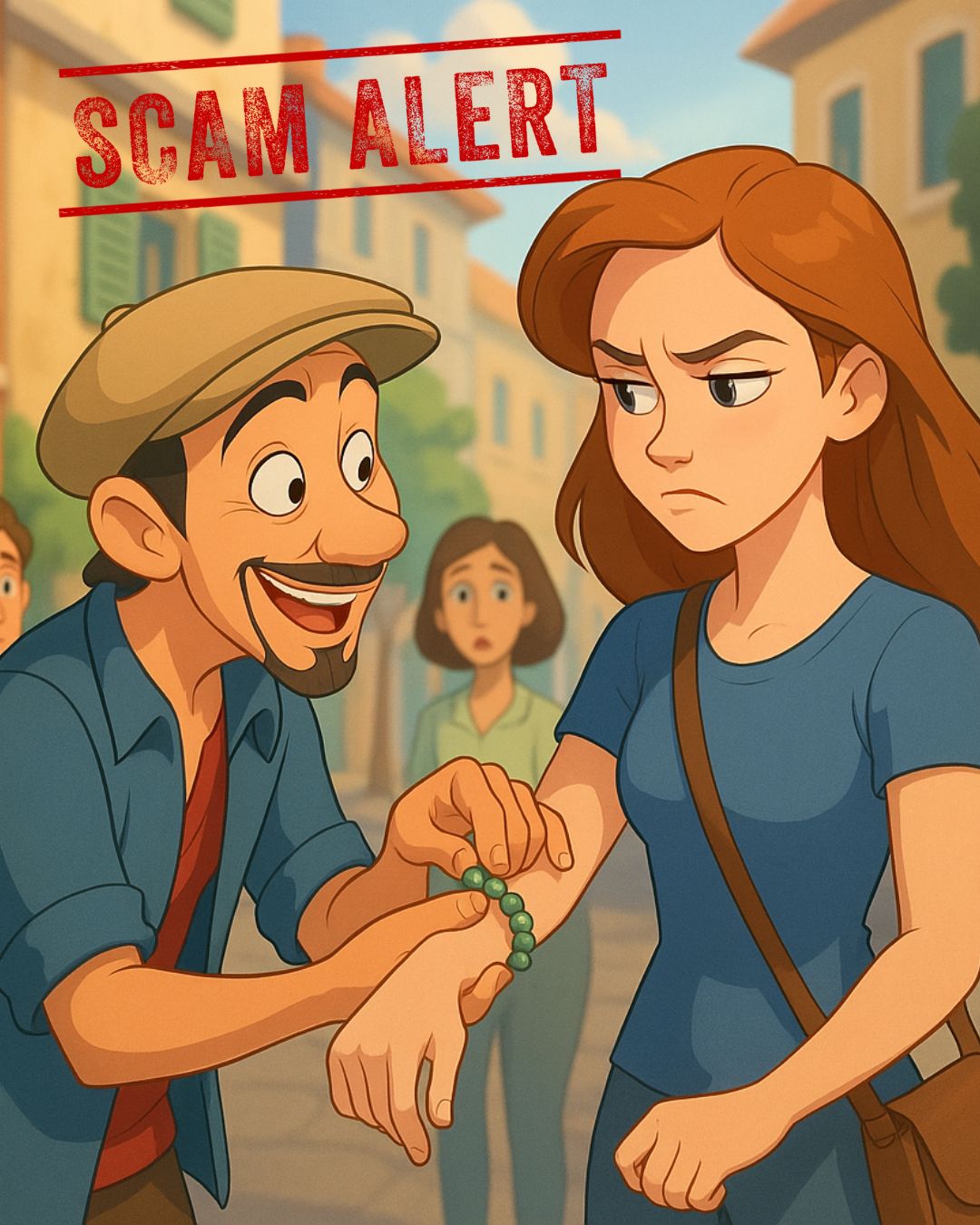 Bracelet scam targeting tourists – animated street scene showing a scammer tying a bracelet on a woman, Disney-style illustration