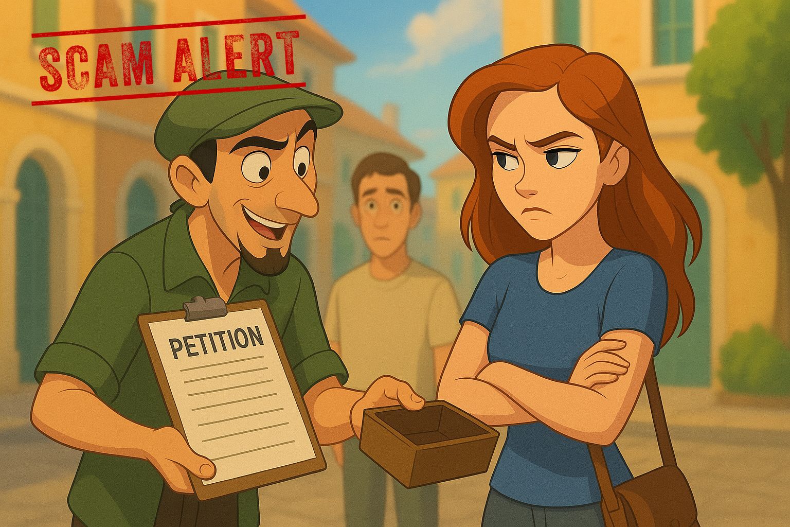 Animated Disney-style image of a fake petition scam targeting a tourist in a European street setting