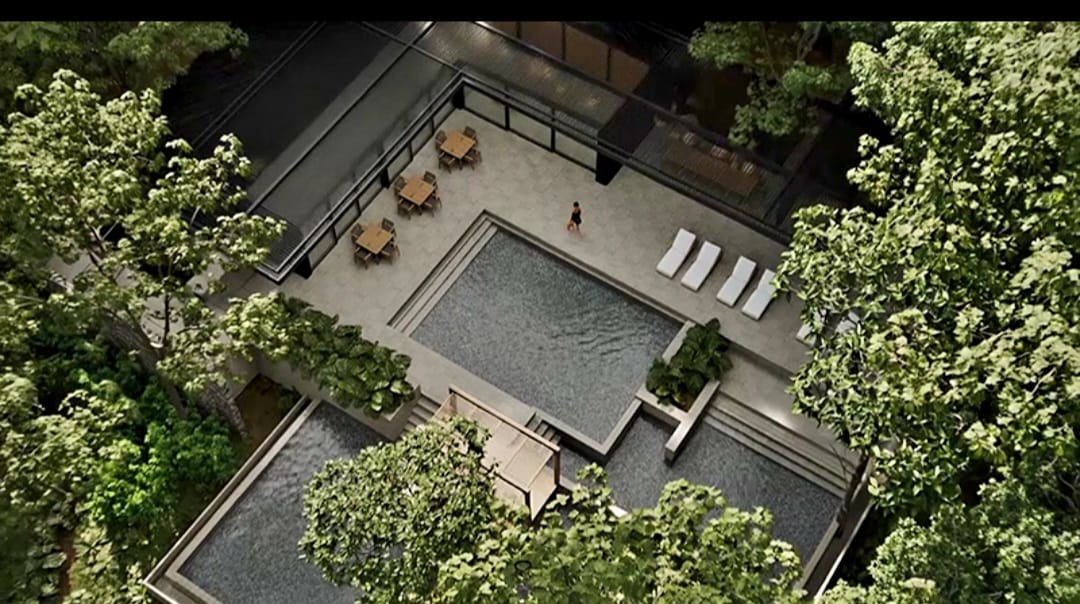 Aerial outdoor living area with pool
