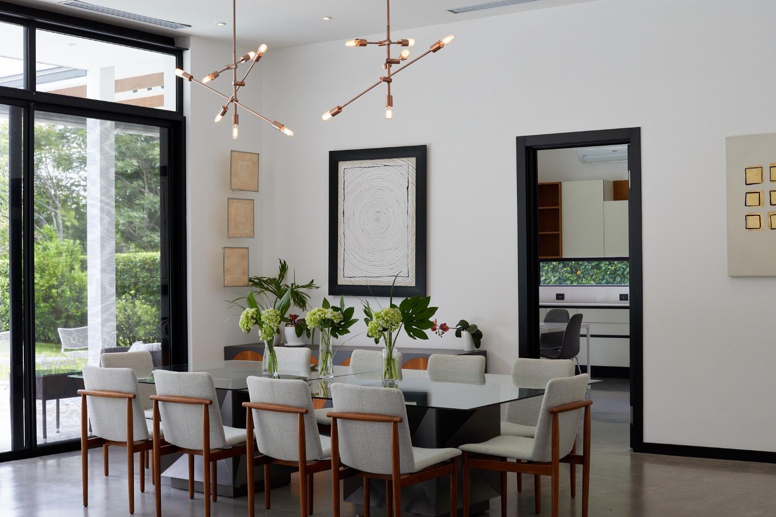 Modern dining room with contemporary lighting