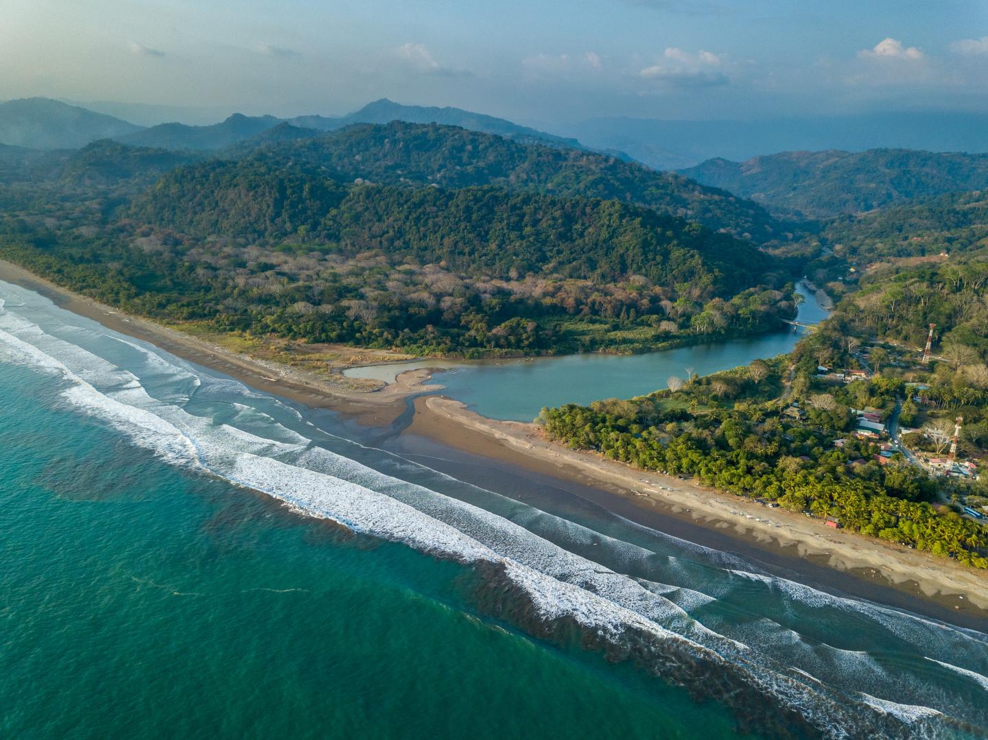 Aerial view of Costa Rican coastline showing the pristine beauty of the Osa Peninsula region