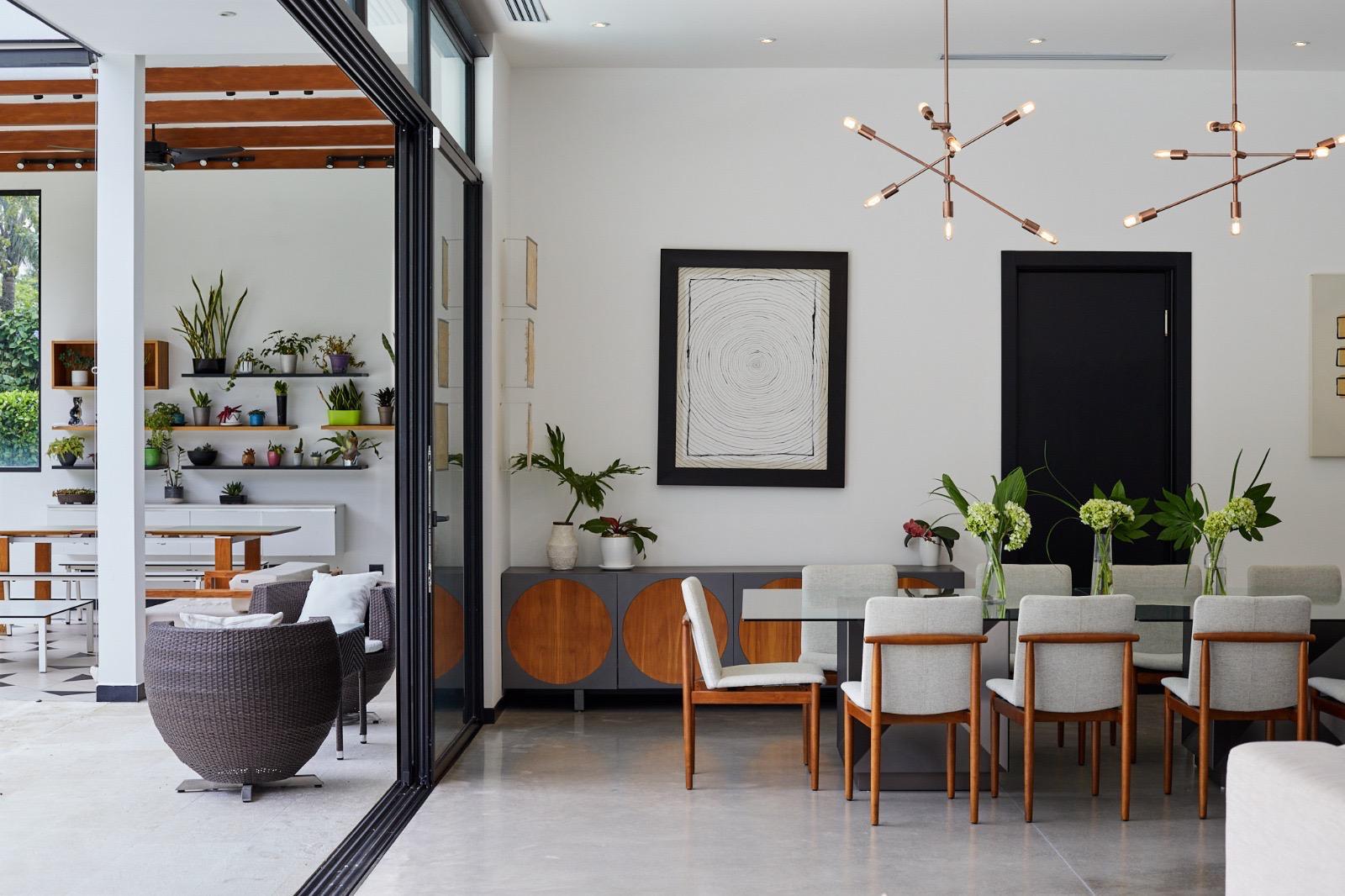 Modern dining room with glass doors