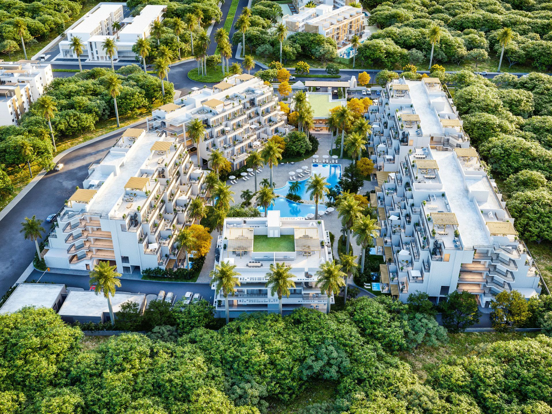 Render aéreo del complejo residencial con piscina central