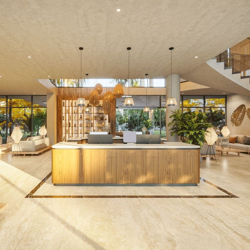 Lobby con recepción en madera