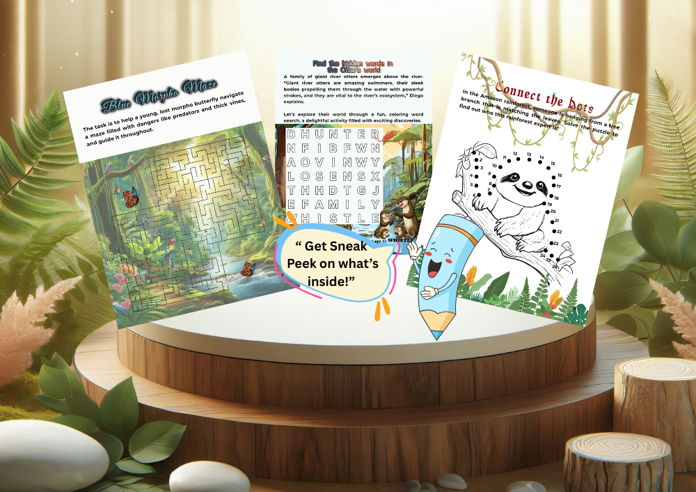 Preview image showing three rainforest activity sheets from the book: a sloth dot-to-dot puzzle, a giant river otter coloring word search, and a blue morpho butterfly maze.