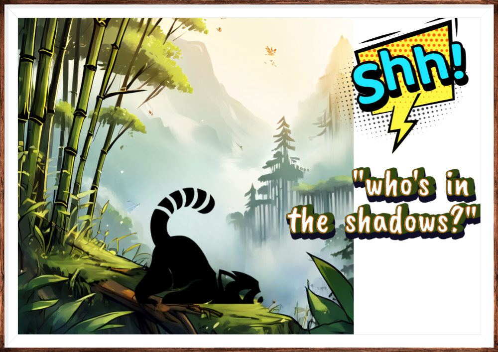 Illustration of a red panda silhouette resting in its bamboo forest habitat, with the words 