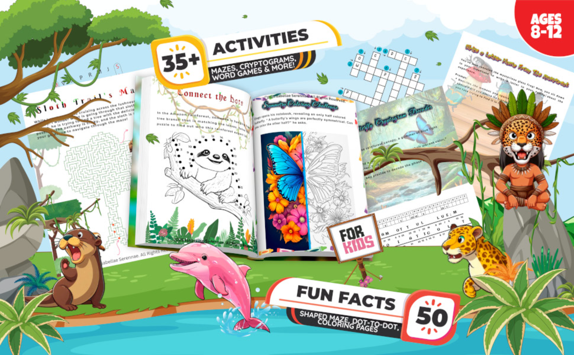 Sample activity pages from Isabellae Serennae's wildlife activity book, including coloring, puzzles, and creative exercises for children,