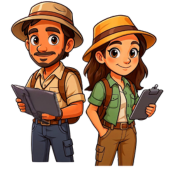 Book characters Dr. Kaia, adventures wildlife scientist, and Diego, her tour guide standing together from Isabellae Serennae's activity book.