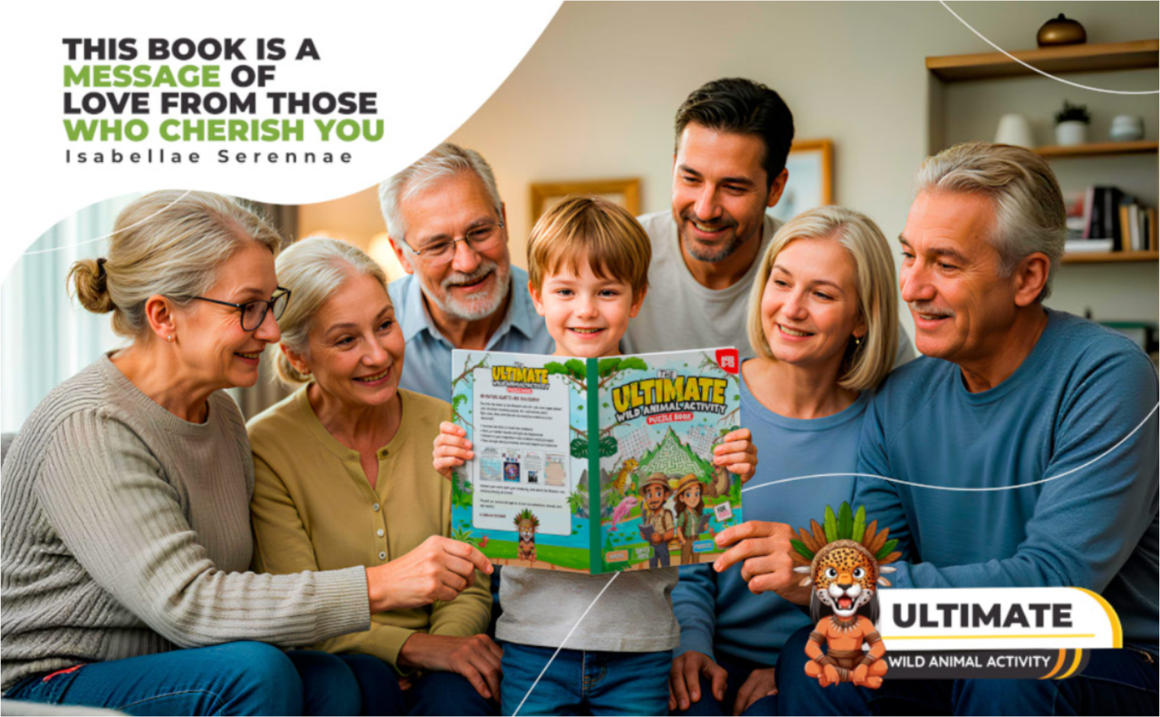 Parents and grandparents presenting Isabellae Serennae's wildlife activity book as a gift to their children, promoting fun and educational learning.