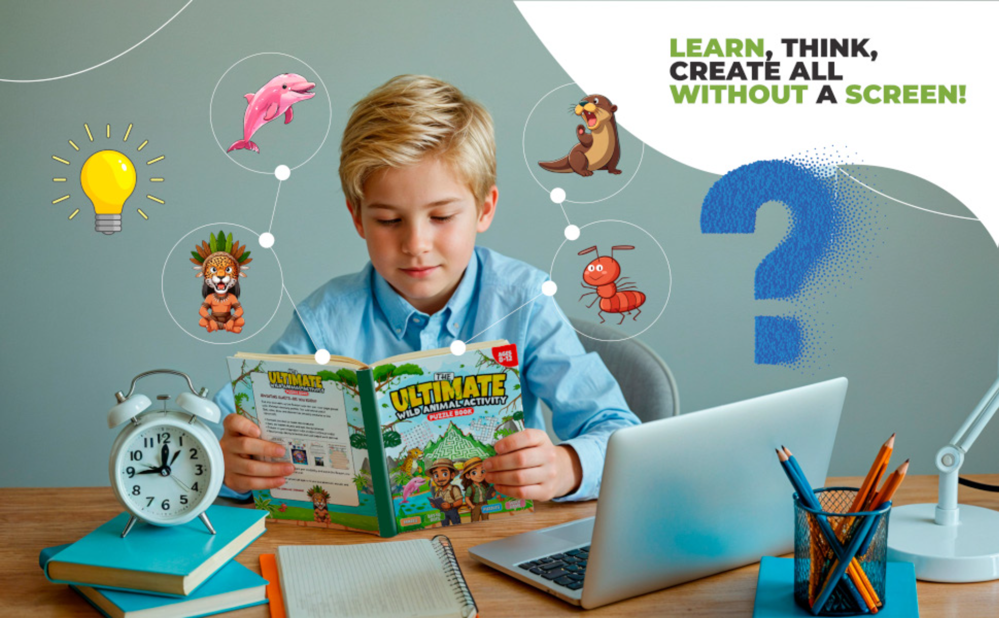 A young boy enjoying Isabellae Serennae's wildlife activity book, exploring nature-inspired activities and learning creatively.
