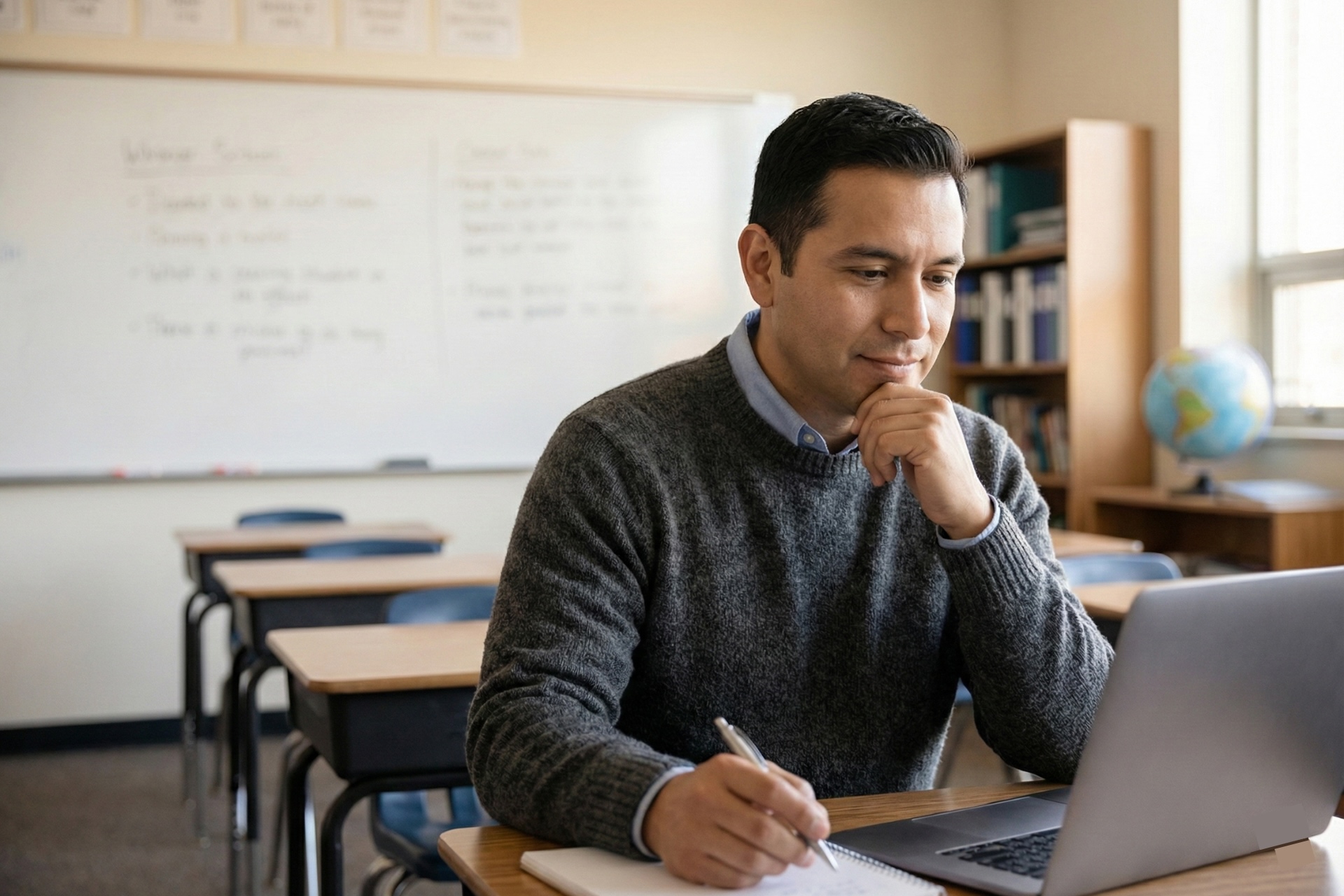 A male teacher engages in asynchronous professional development during a prep period.