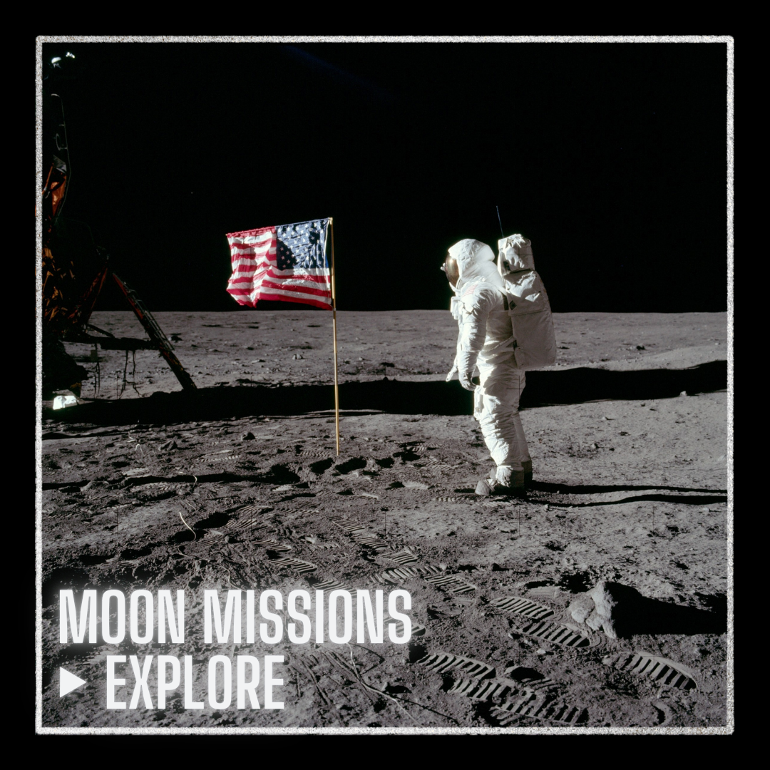 Astronaut walking on the Moon near the American flag – explore Moon missions