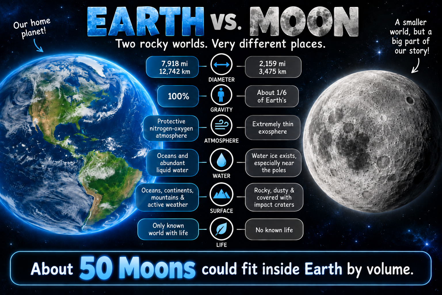 Earth vs. Moon comparison infographic showing differences in diameter, gravity, atmosphere, water, surface, and life, with a fact that about 50 Moons could fit inside Earth by volume