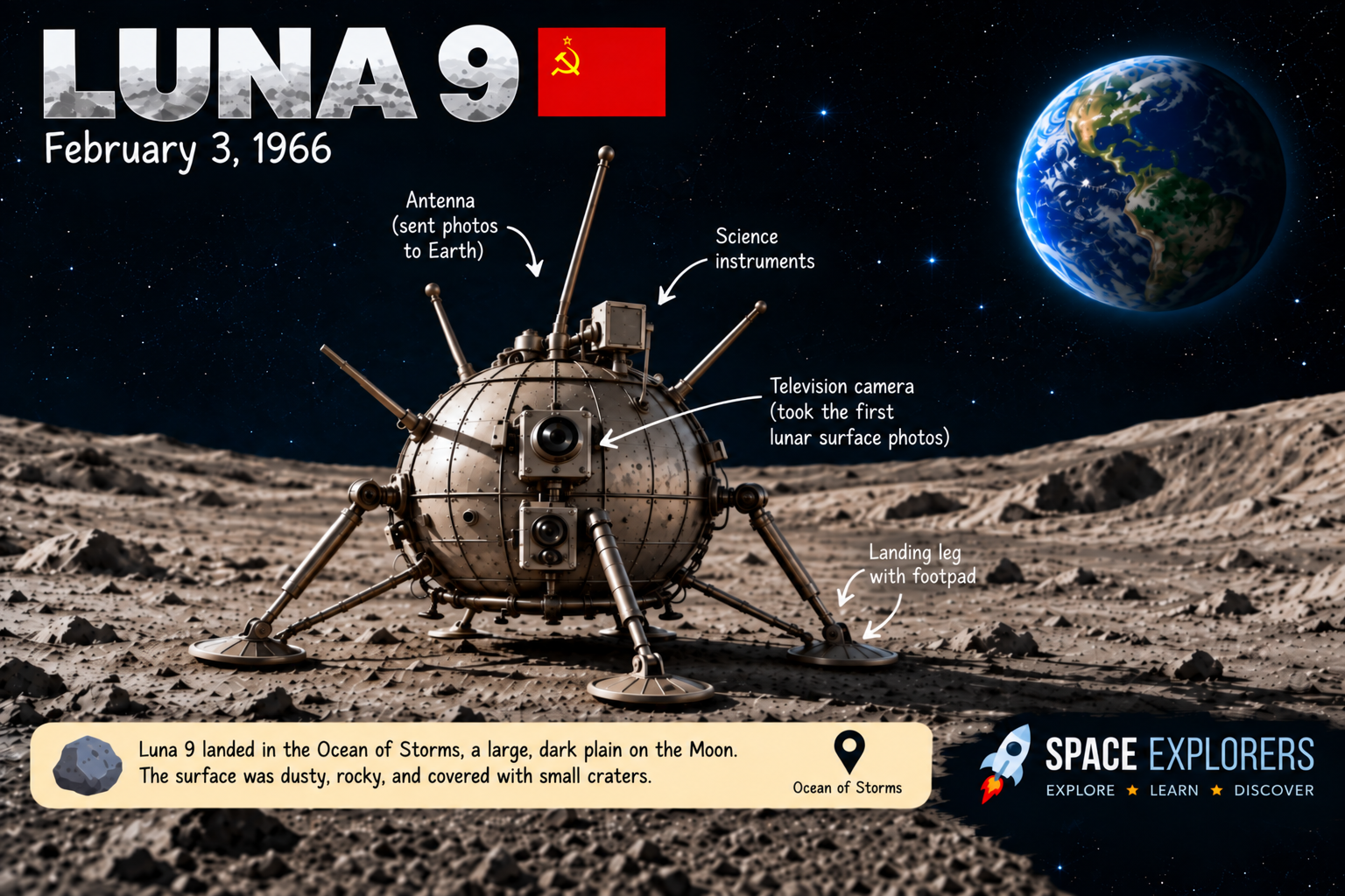 Illustration of the Luna 9 spacecraft on the Moon, labeled with its antenna, science instruments, television camera, landing legs, and Ocean of Storms landing site
