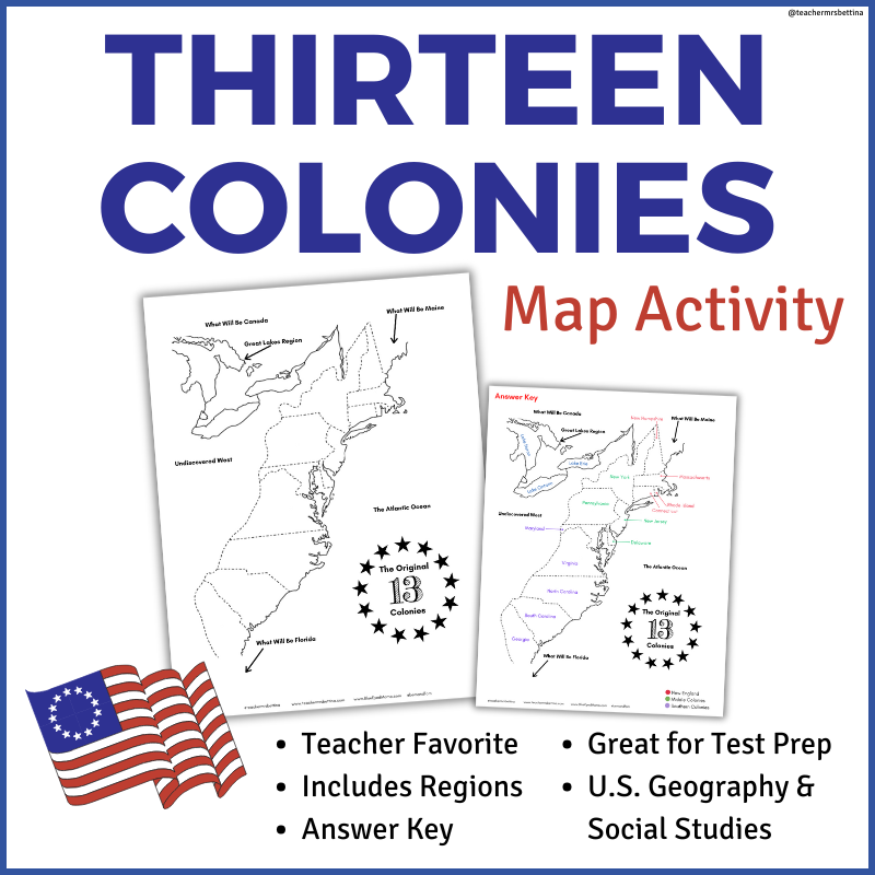 printable 13 colonies map for united states geography study