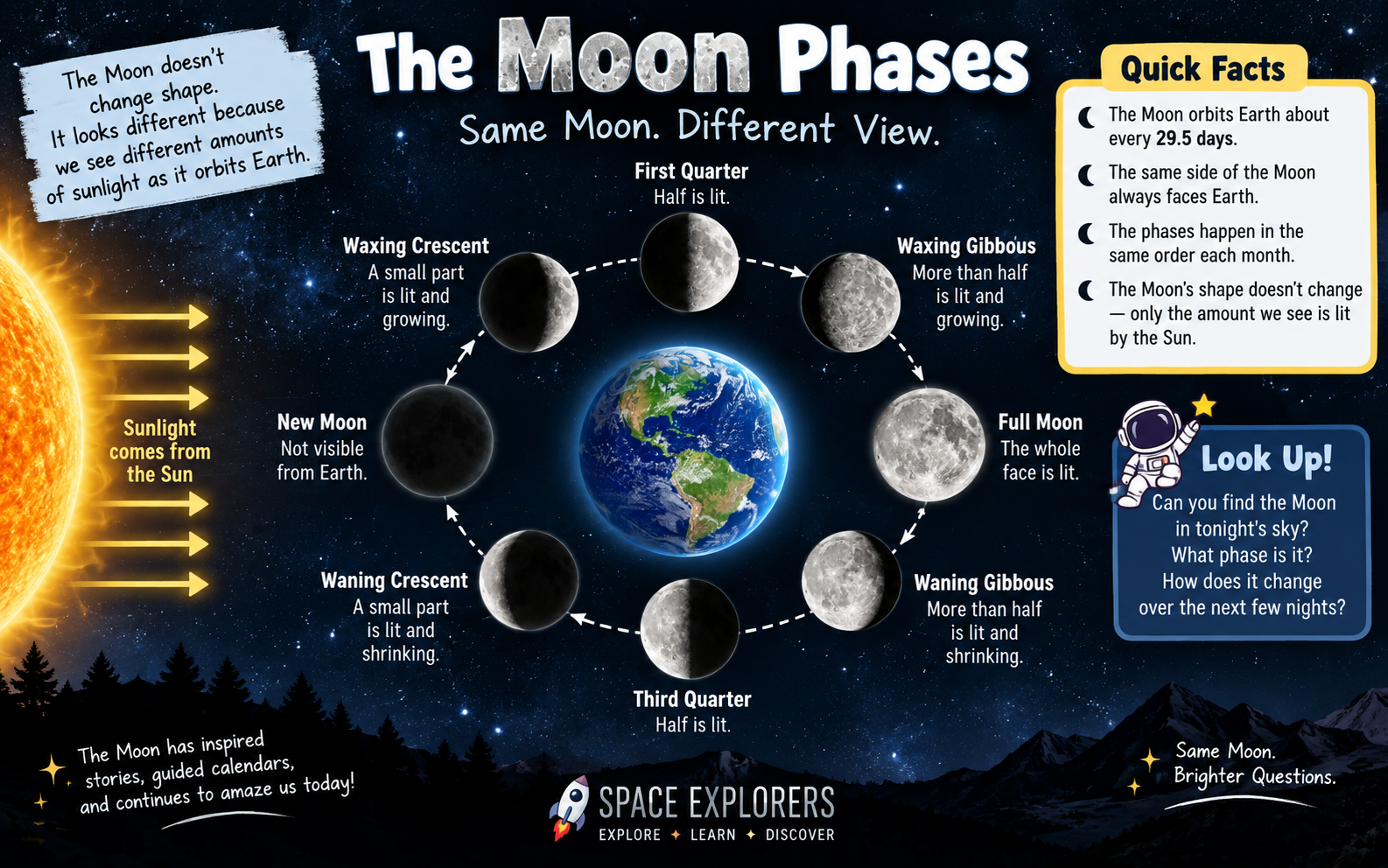 Diagram of the eight Moon phases orbiting Earth, showing sunlight from the Sun and how the Moon's appearance changes throughout its 29.5-day cycle