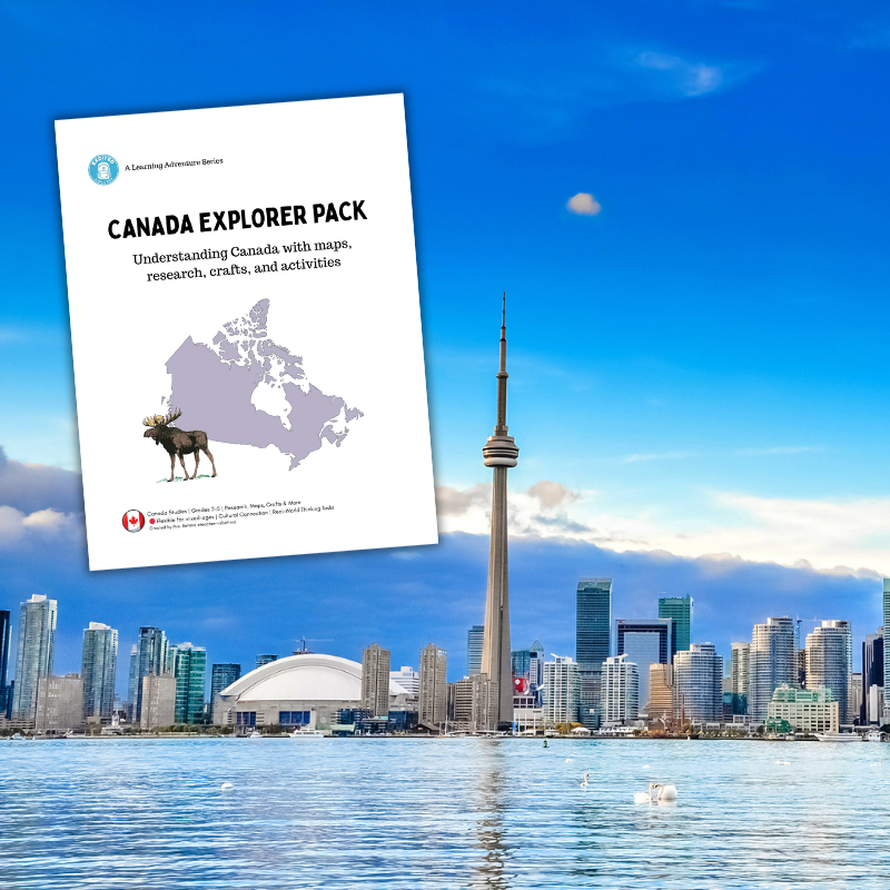 Printable labeled map of Canada showing provinces and surrounding countries for student research or labeling