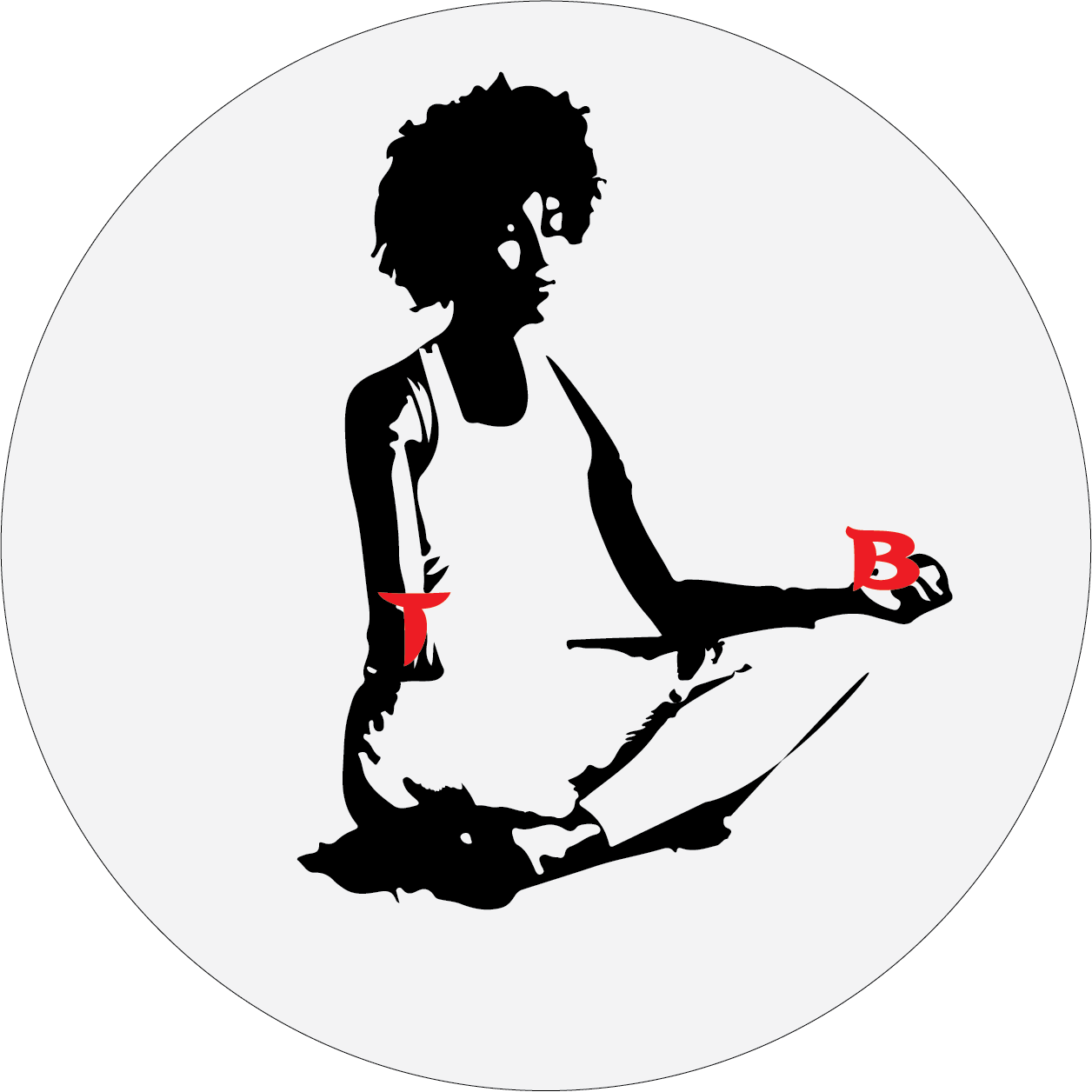 Woman sitting criss cross, palms up. She's holding the letters T and B.