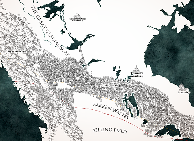 Map of the world of Awakening. The nation of Sanctuary dominates the map, with the Barren wastes indicated past the forested region of Clearwater. The Killing Field is marked with a red dotted line in a barren region to the South.