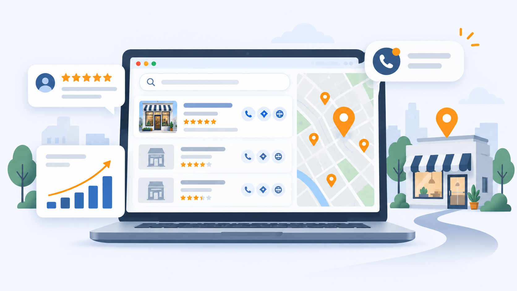 illustration of a laptop showing local search results for a business