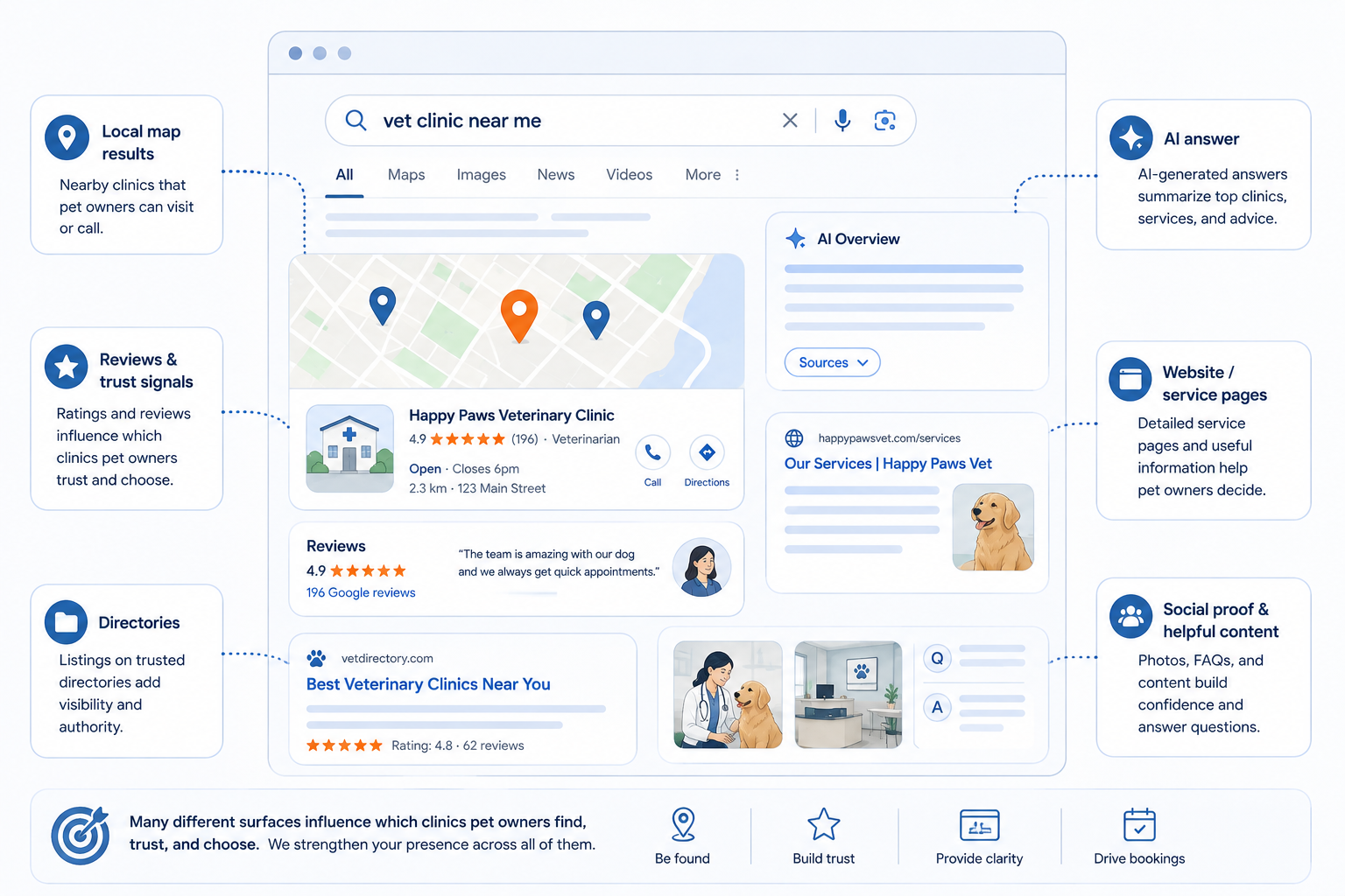 Veterinary clinic search visibility across modern search results