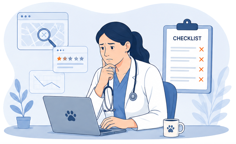 concerned vet looking at her laptop as not appearing in search
