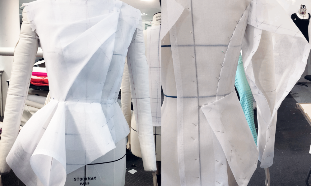 Muslin prototype on dress form – couture draping