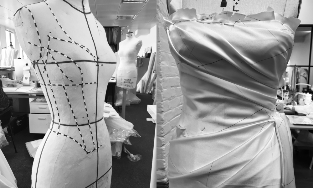Technical draping demo – fashion studio setting