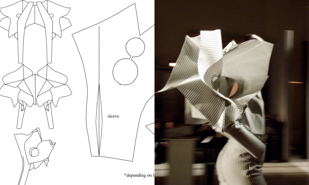 Arena Page Masters Graduate Collection Sculptured Jacket on a catwalk and the pattern image