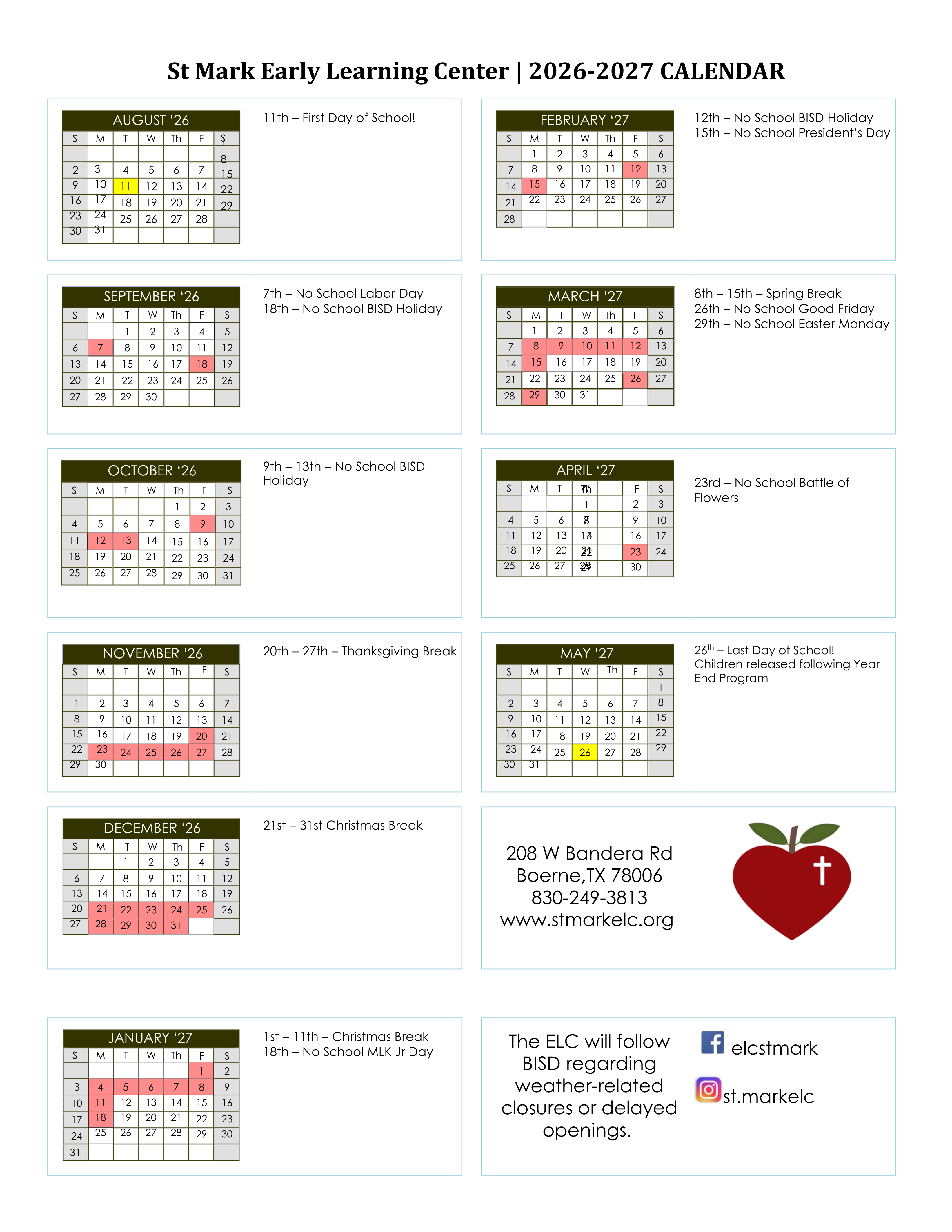 Boerne preschool school calendar for 2025-2026 school year.